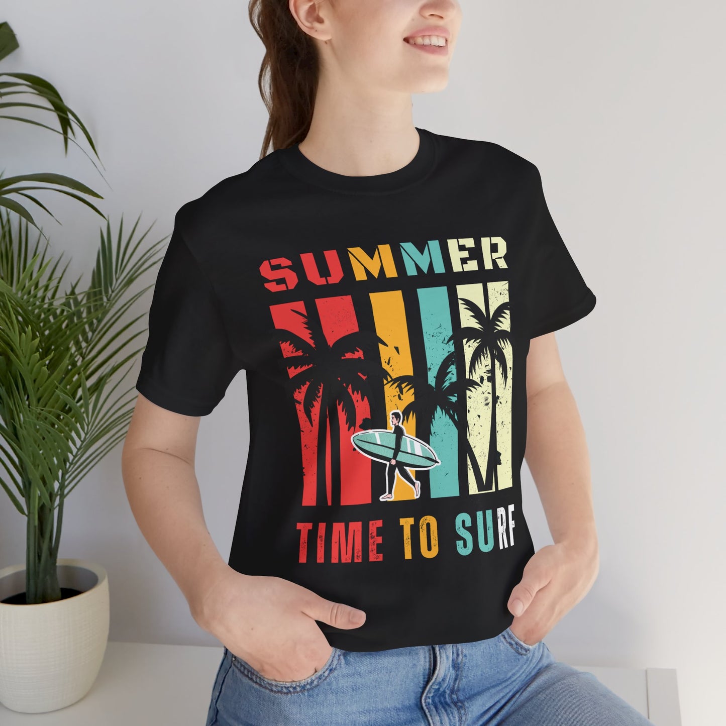 Summer Vibes | Time to Surf Unisex Graphic Tee – Retro Beach Sunset