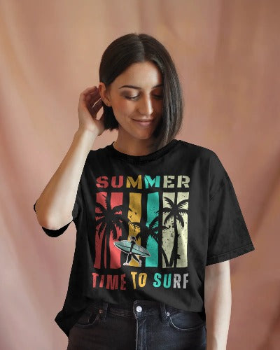 Summer Vibes | Time to Surf Unisex Graphic Tee – Retro Beach Sunset